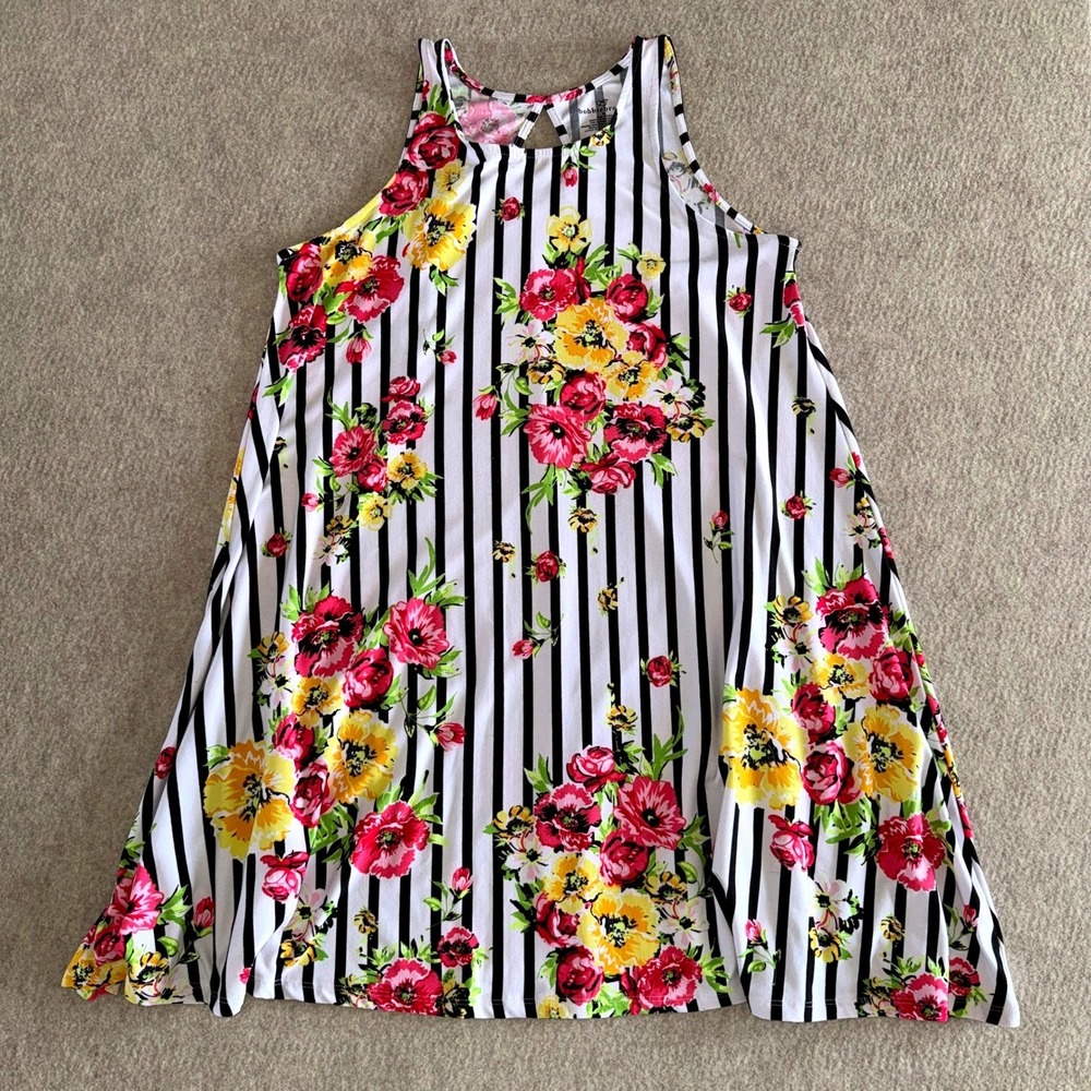 Bobbie Brooks XL Floral‎ Striped Swing Dress Sleeveless High Neck Mod Retro Boho